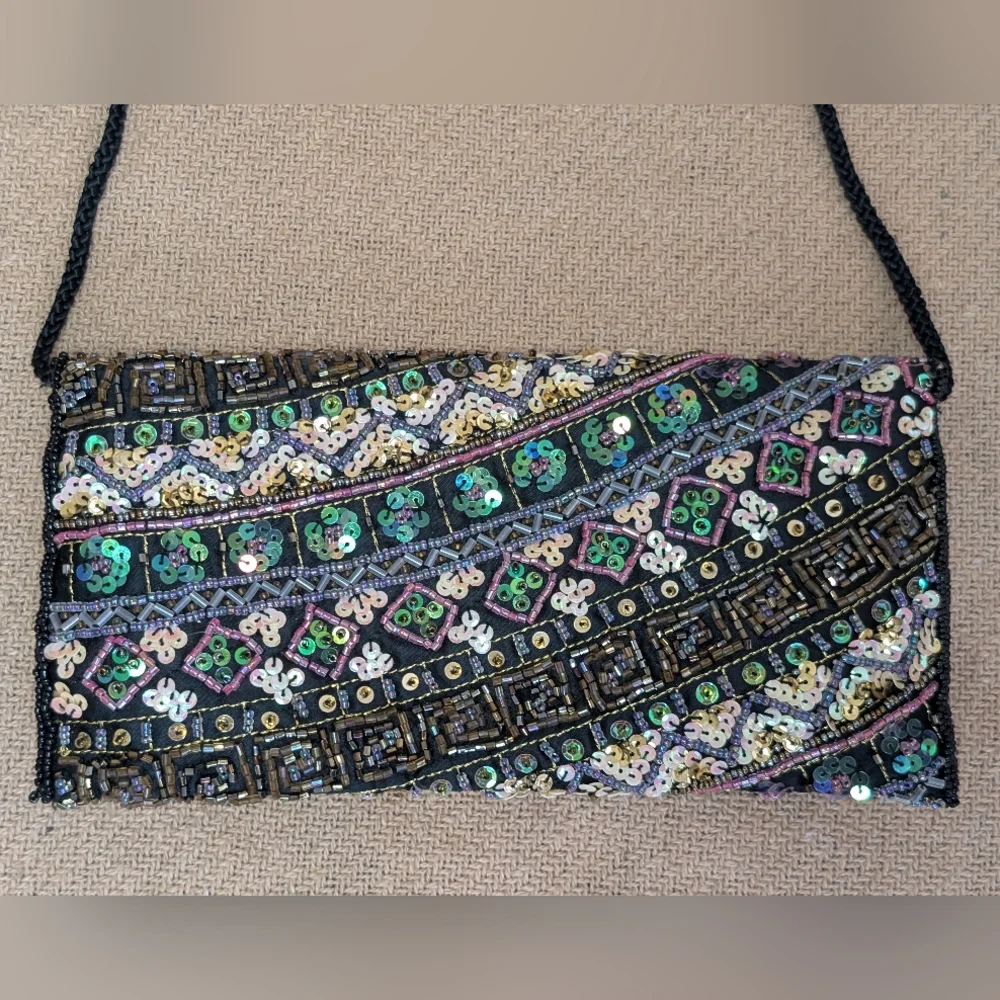 Beaded Sequin Evening Clutch Bag in Black Multi